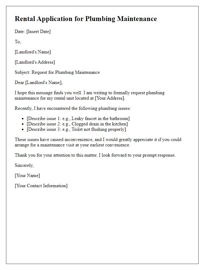 Letter template of rental application for plumbing maintenance issues