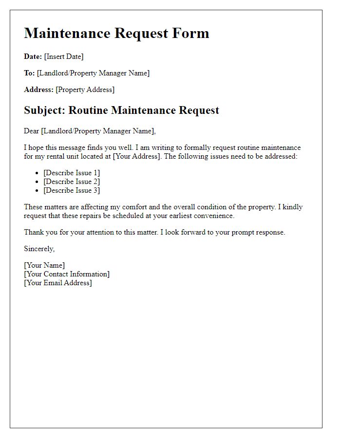 Letter template of rental application for routine maintenance request