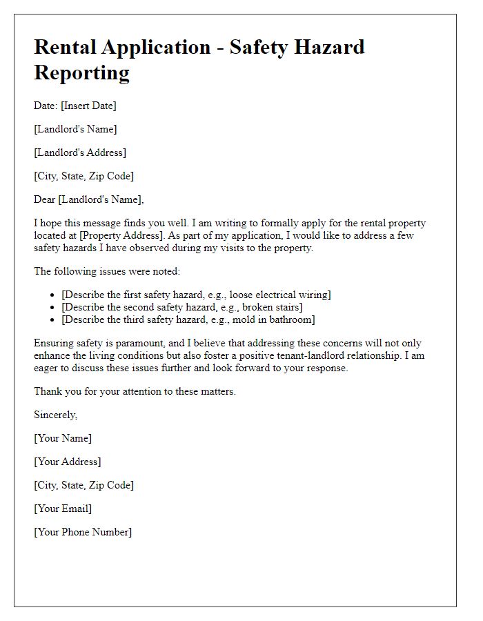 Letter template of rental application for safety hazard reporting