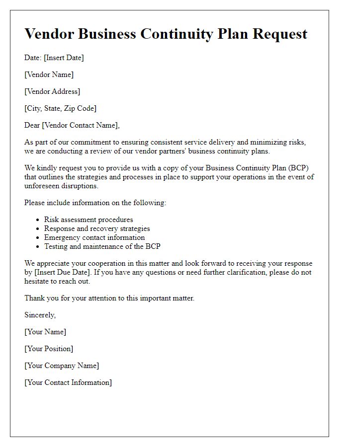 Letter template of vendor business continuity plan request