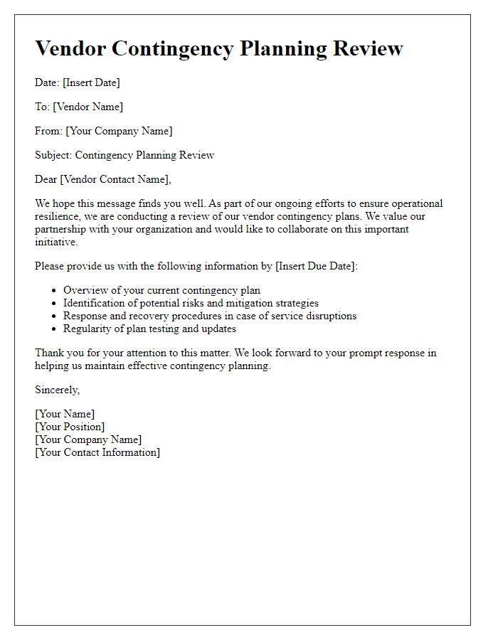 Letter template of vendor contingency planning review