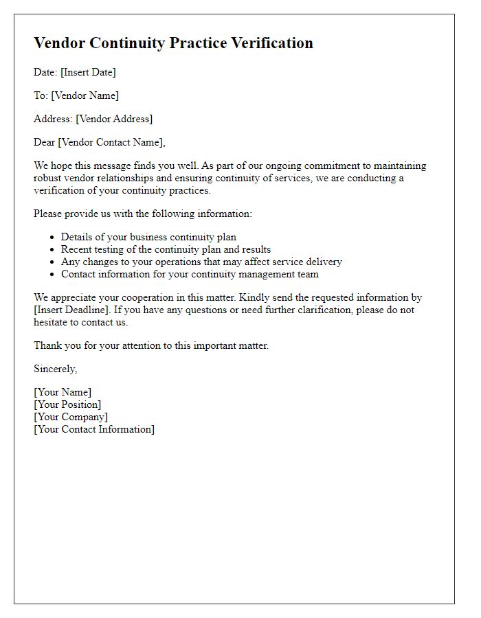 Letter template of vendor continuity practice verification
