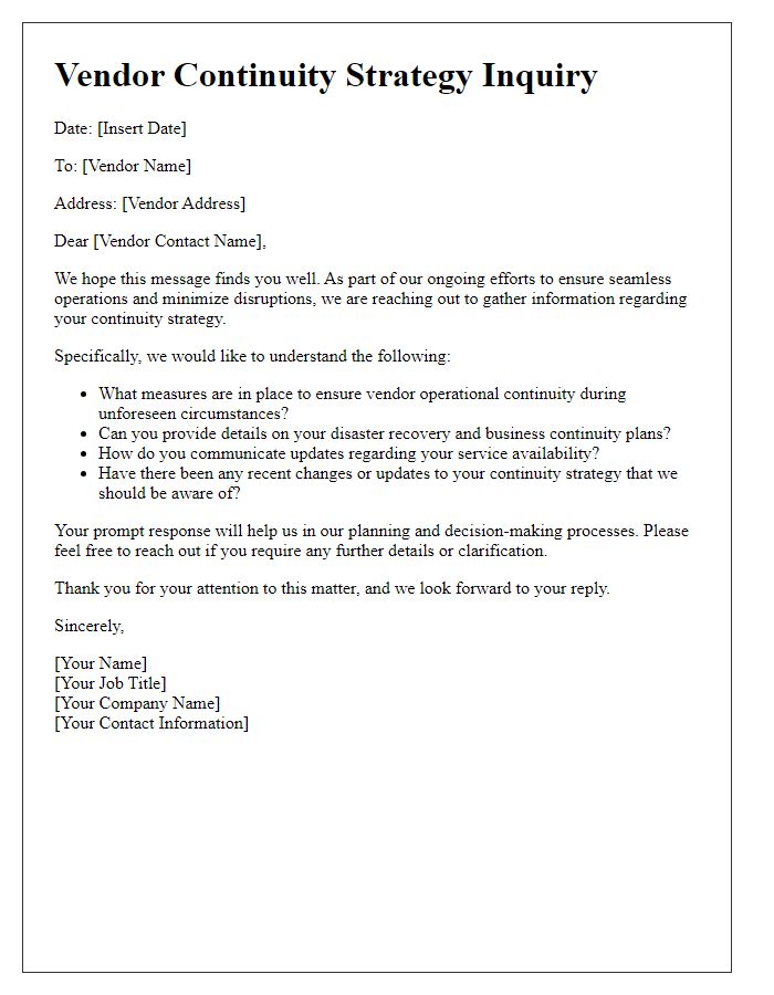 Letter template of vendor continuity strategy inquiry