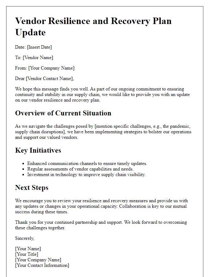 Letter template of vendor resilience and recovery plan update