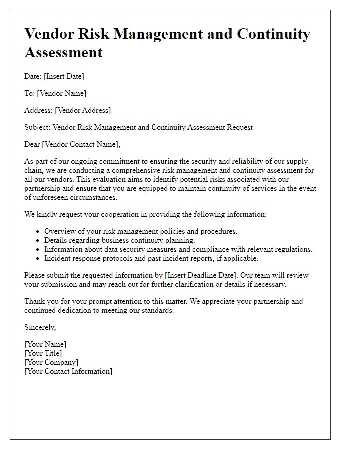 Letter template of vendor risk management and continuity assessment