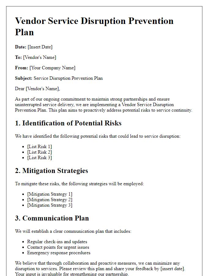 Letter template of vendor service disruption prevention plan