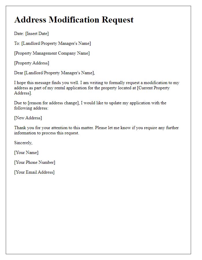 Letter template of address modification request for rental application