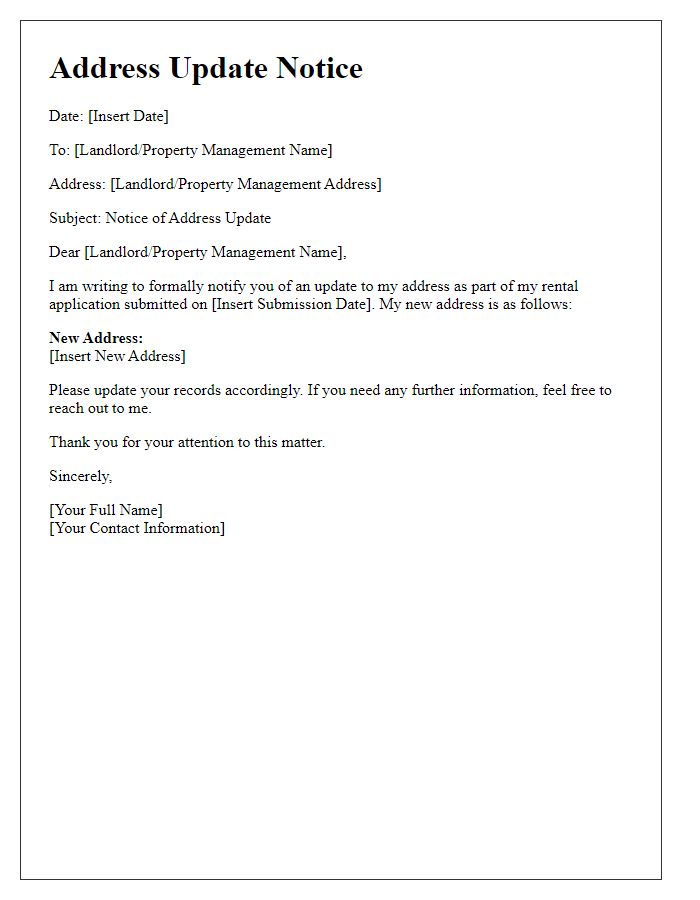 Letter template of address update notice for rental application