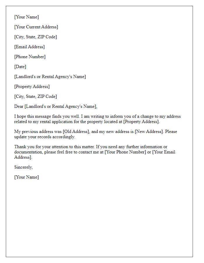 Letter template of amended address for rental application