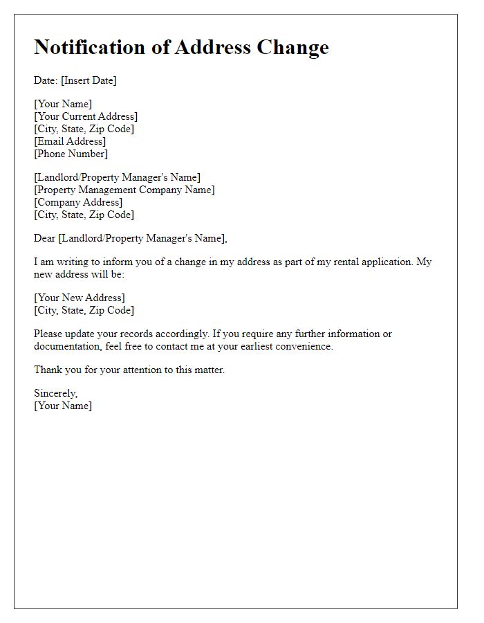 Letter template of notification for address change in rental application