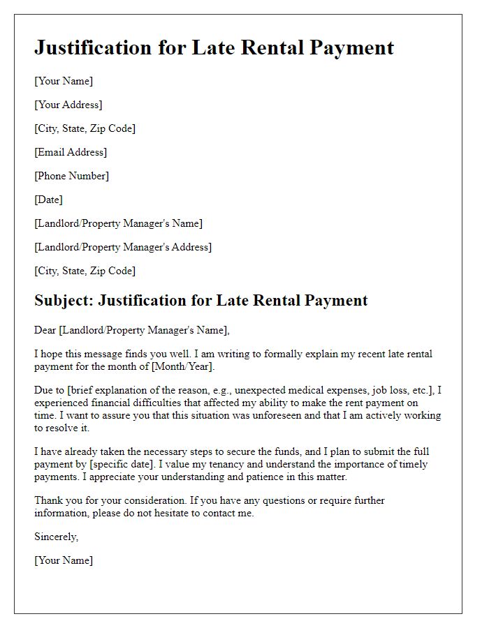 Letter template of justification for late rental payment during application process.