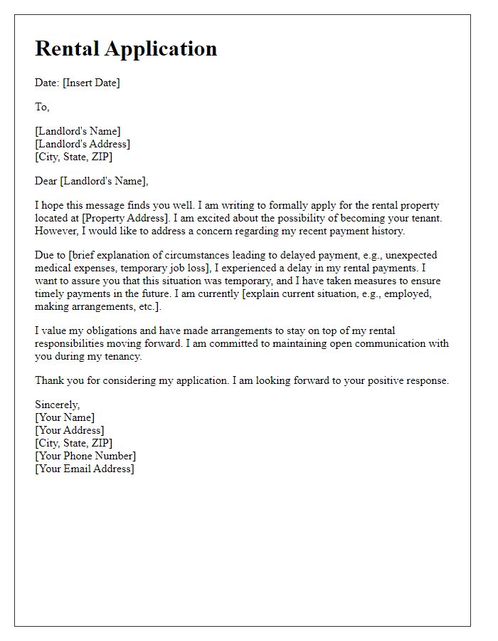 Letter template of rental application addressing delayed payment circumstances.