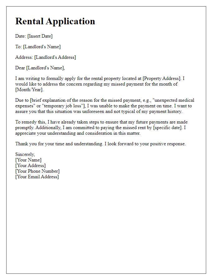 Letter template of rental application with explanation for missed payment.