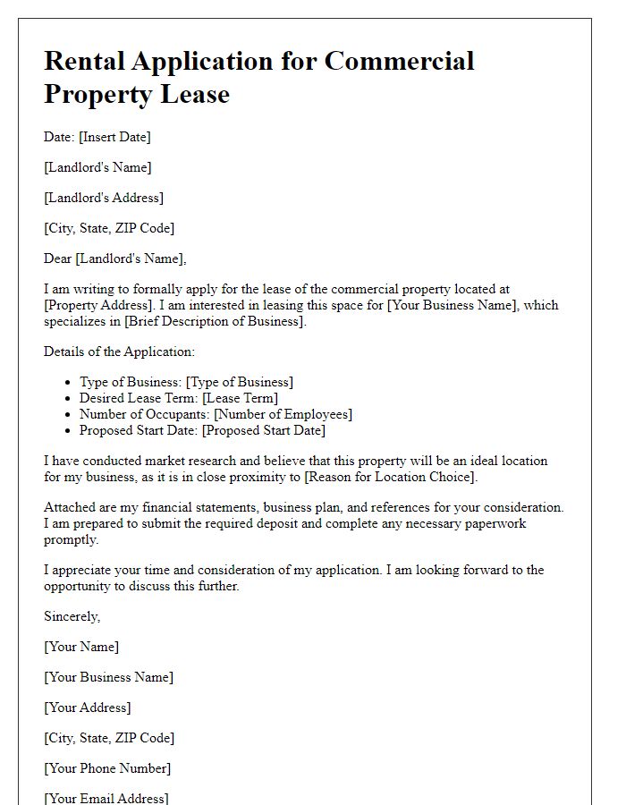 Letter template of rental application for commercial property lease