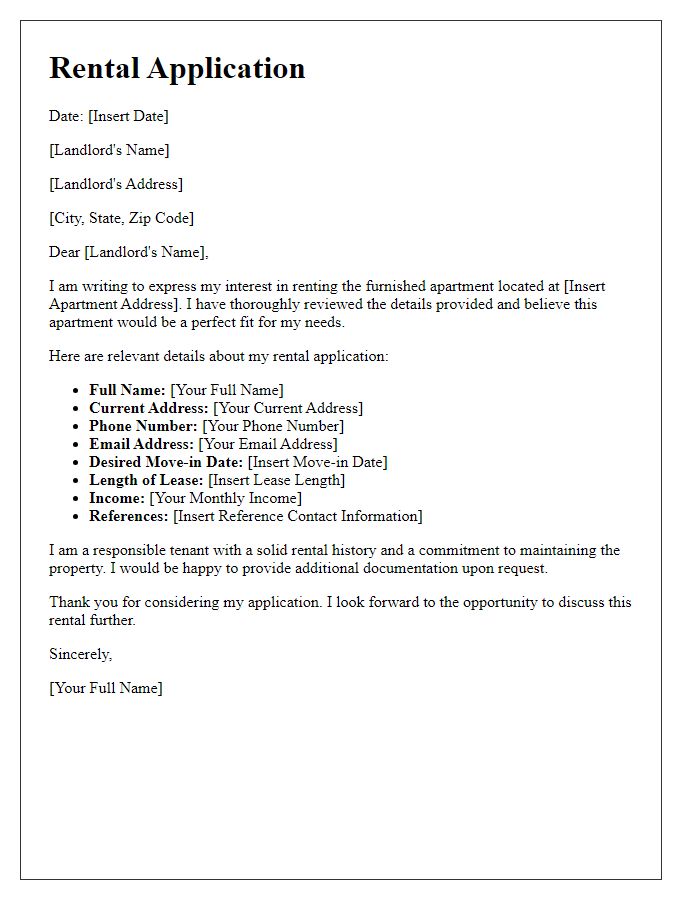 Letter template of rental application for furnished apartment lease