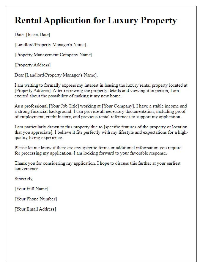 Letter template of rental application for luxury rental property lease