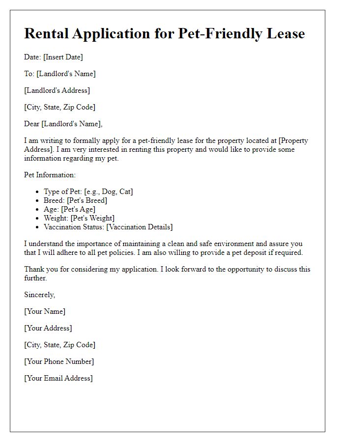 Letter template of rental application for pet-friendly lease