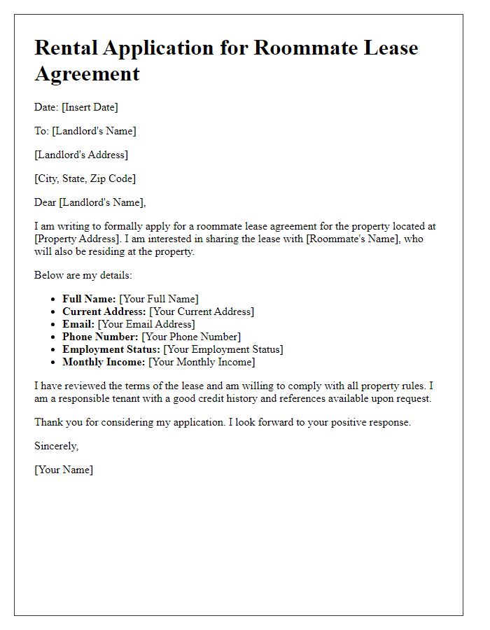 Letter template of rental application for roommate lease agreement