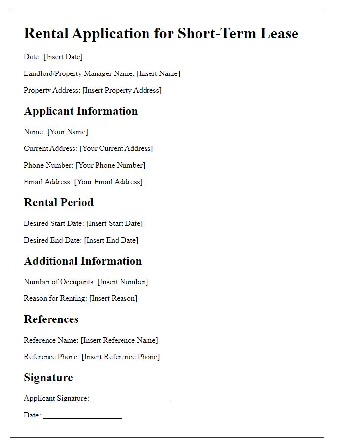 Letter template of rental application for short-term lease agreement