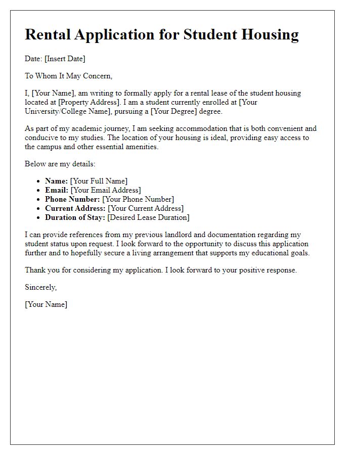 Letter template of rental application for student housing lease