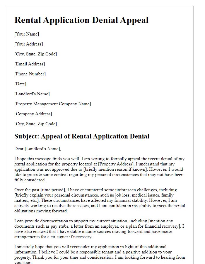 Letter template of rental application denial appeal addressing personal circumstances.