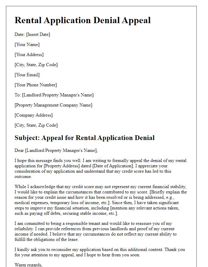 Letter template of rental application denial appeal based on credit score explanation.