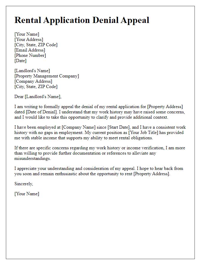 Letter template of rental application denial appeal for clarifying work history.