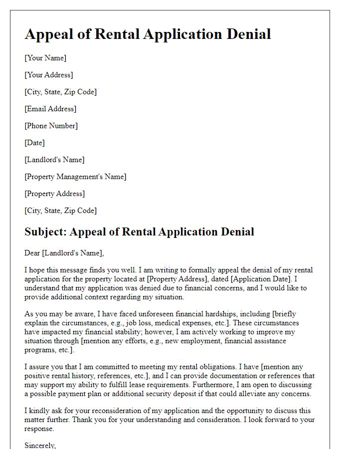 Letter template of rental application denial appeal for financial hardship.