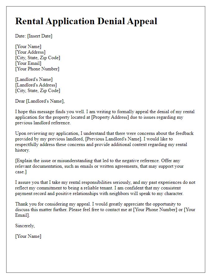 Letter template of rental application denial appeal for previous landlord reference issue.