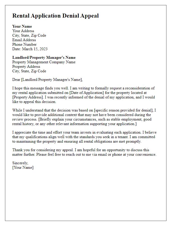 Letter template of rental application denial appeal requesting reconsideration.