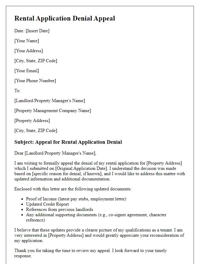 Letter template of rental application denial appeal with updated documents included.