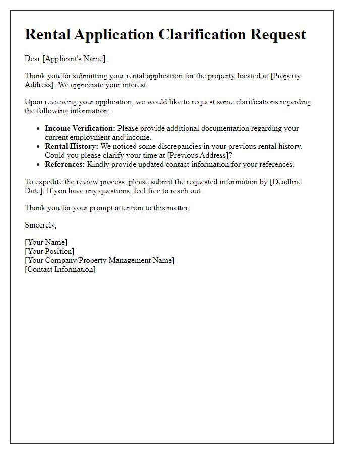 Letter template of rental application ask for clarification on submitted information