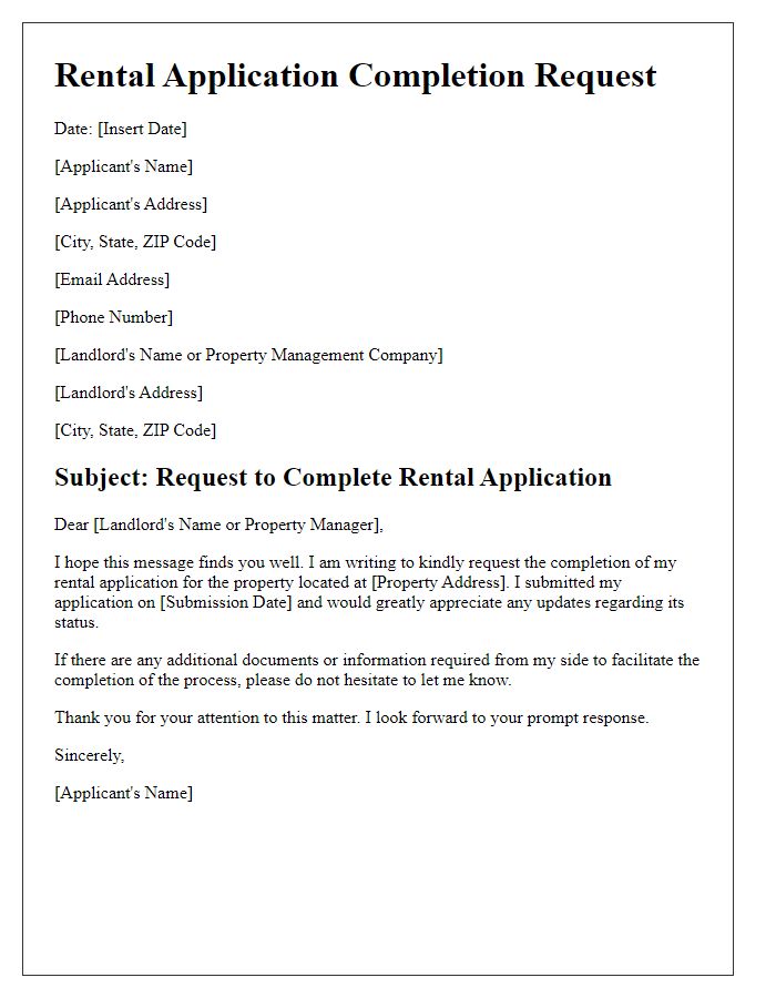 Letter template of rental application completion request