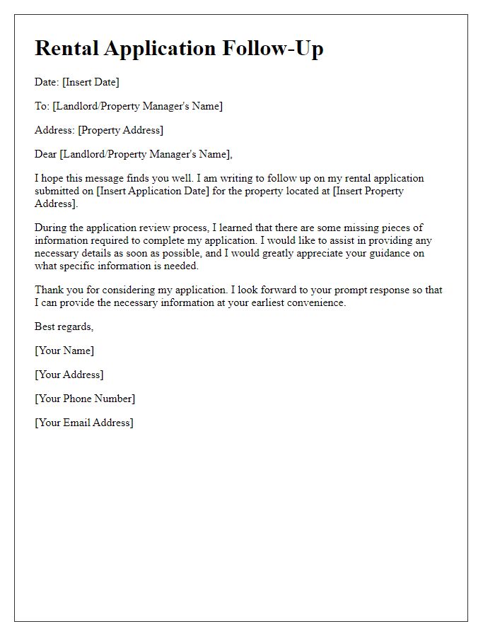 Letter template of rental application follow-up for missing information