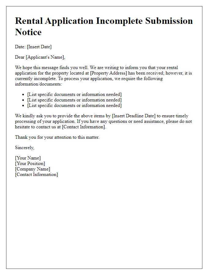 Letter template of rental application notice of incomplete submission