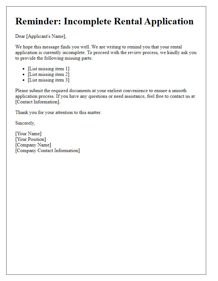 Letter template of rental application reminder for missing application parts