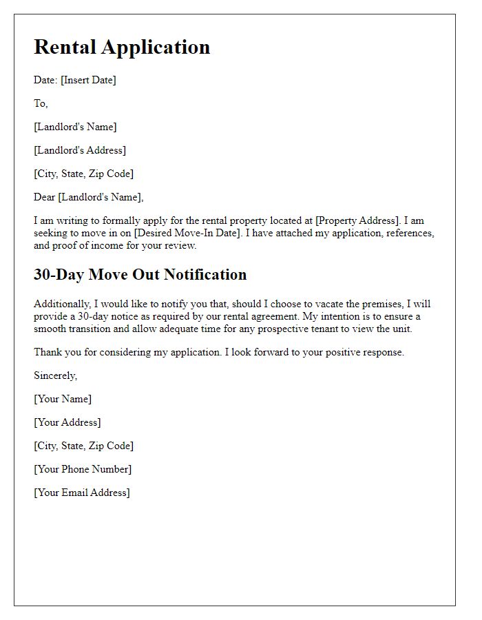 Letter template of rental application with 30-day move out notification