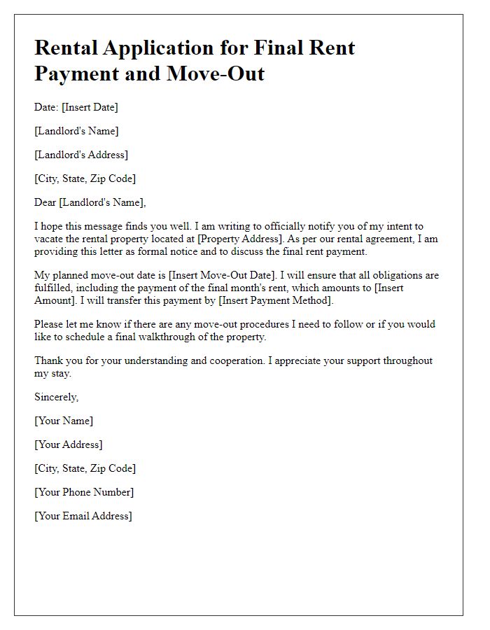 Letter template of rental application for final rent payment and move-out