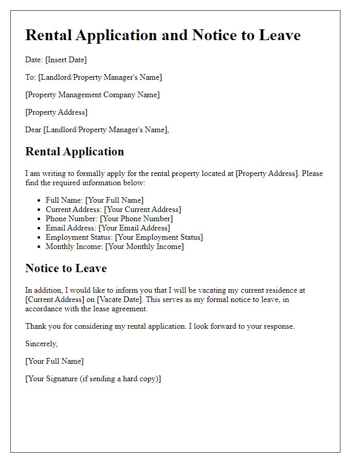 Letter template of rental application including notice to leave