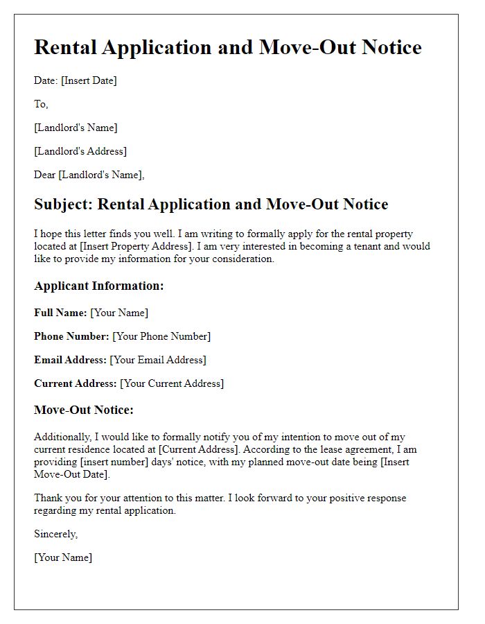 Letter template of rental application with move-out notice