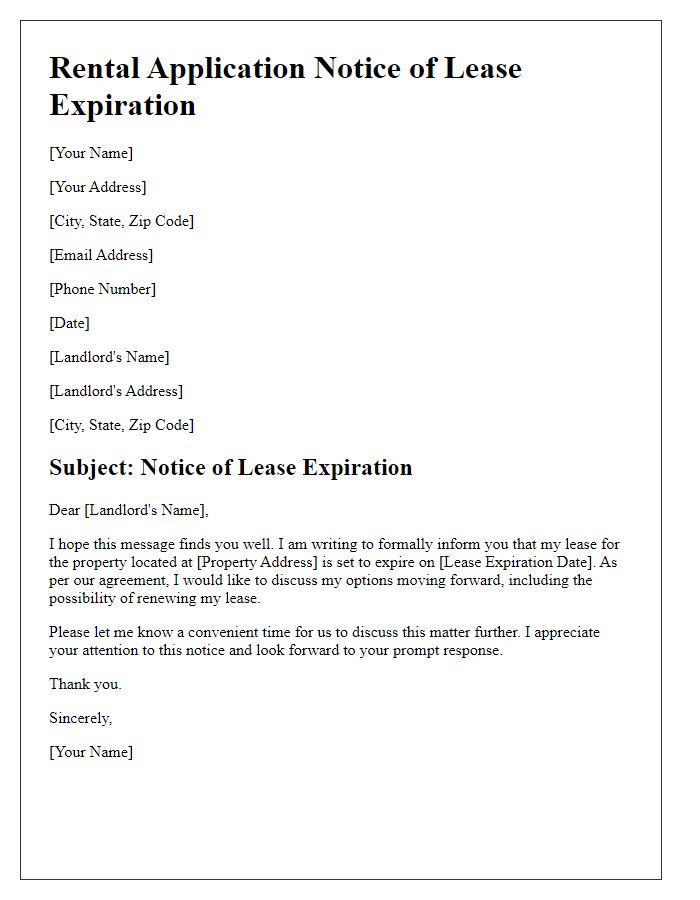 Letter template of rental application for notice of lease expiration