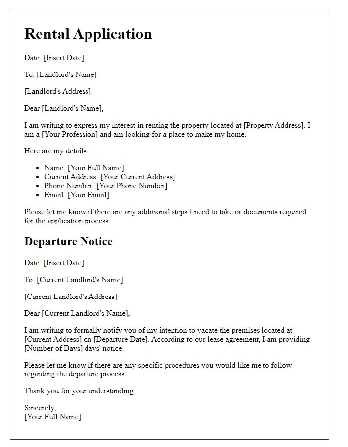 Letter template of rental application plus departure notice