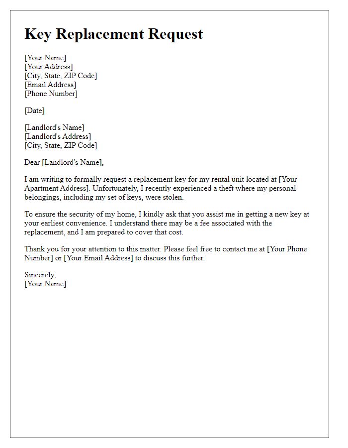 Letter template of rental application for key replacement request following a theft.