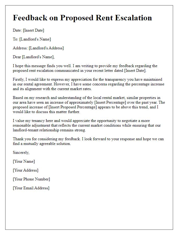 Letter template of feedback on proposed rent escalation