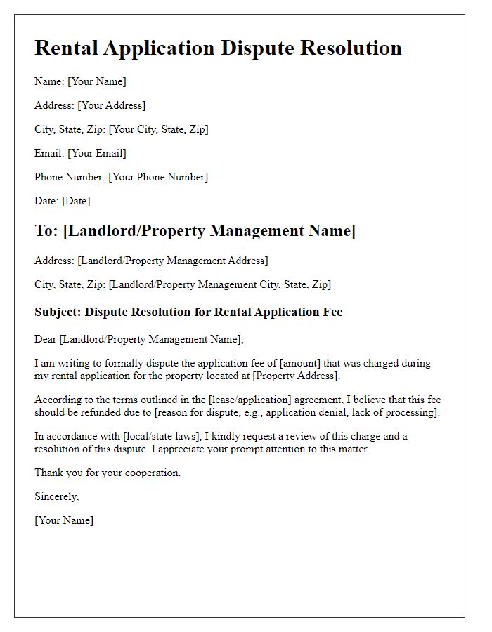 Letter template of rental application dispute resolution for application fee disputes