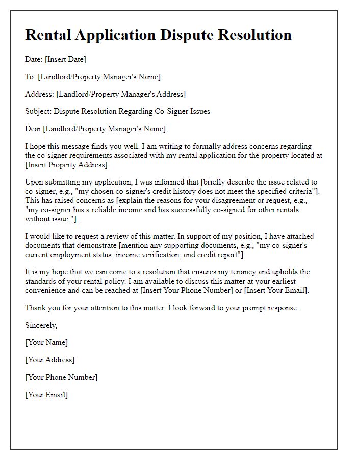 Letter template of rental application dispute resolution for co-signer issues