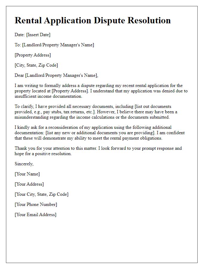 Letter template of rental application dispute resolution for insufficient income documentation