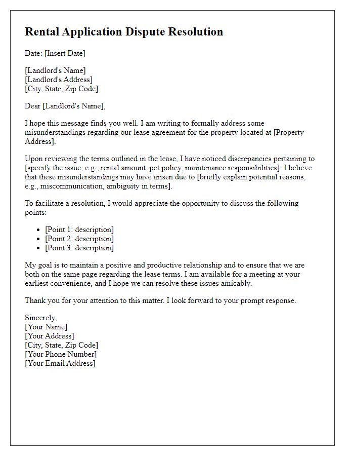 Letter template of rental application dispute resolution for lease agreement misunderstandings