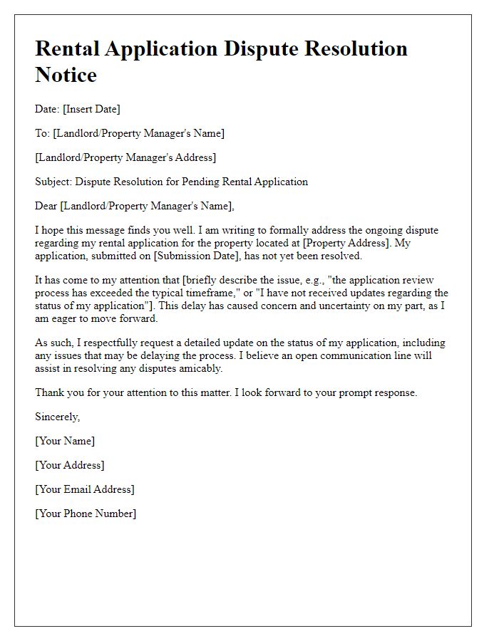 Letter template of rental application dispute resolution for pending applications