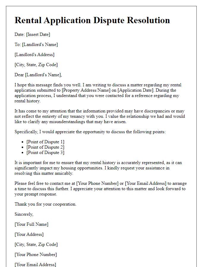 Letter template of rental application dispute resolution for previous landlord references